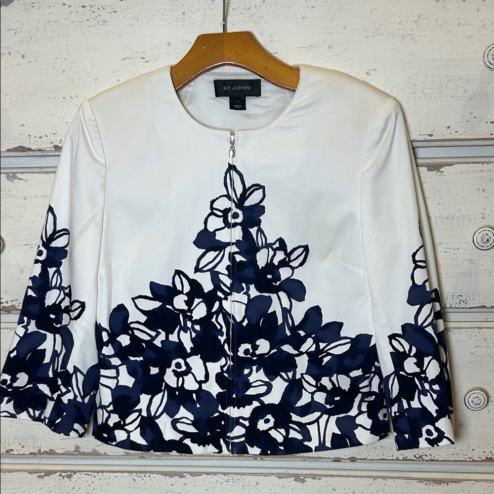 St John Floral Print Blazer White Navy Size S